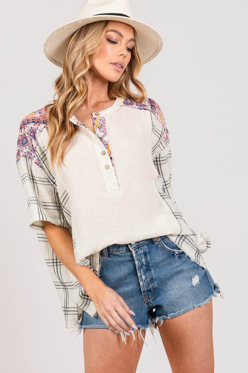 SAGE + FIG Plaid Half Button Gauze Top - DaTrendStore.Com