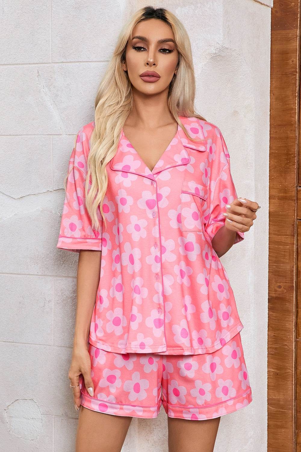 Pocketed Flower Half Sleeve Top and Shorts Lounge Set - DaTrendStore.Com