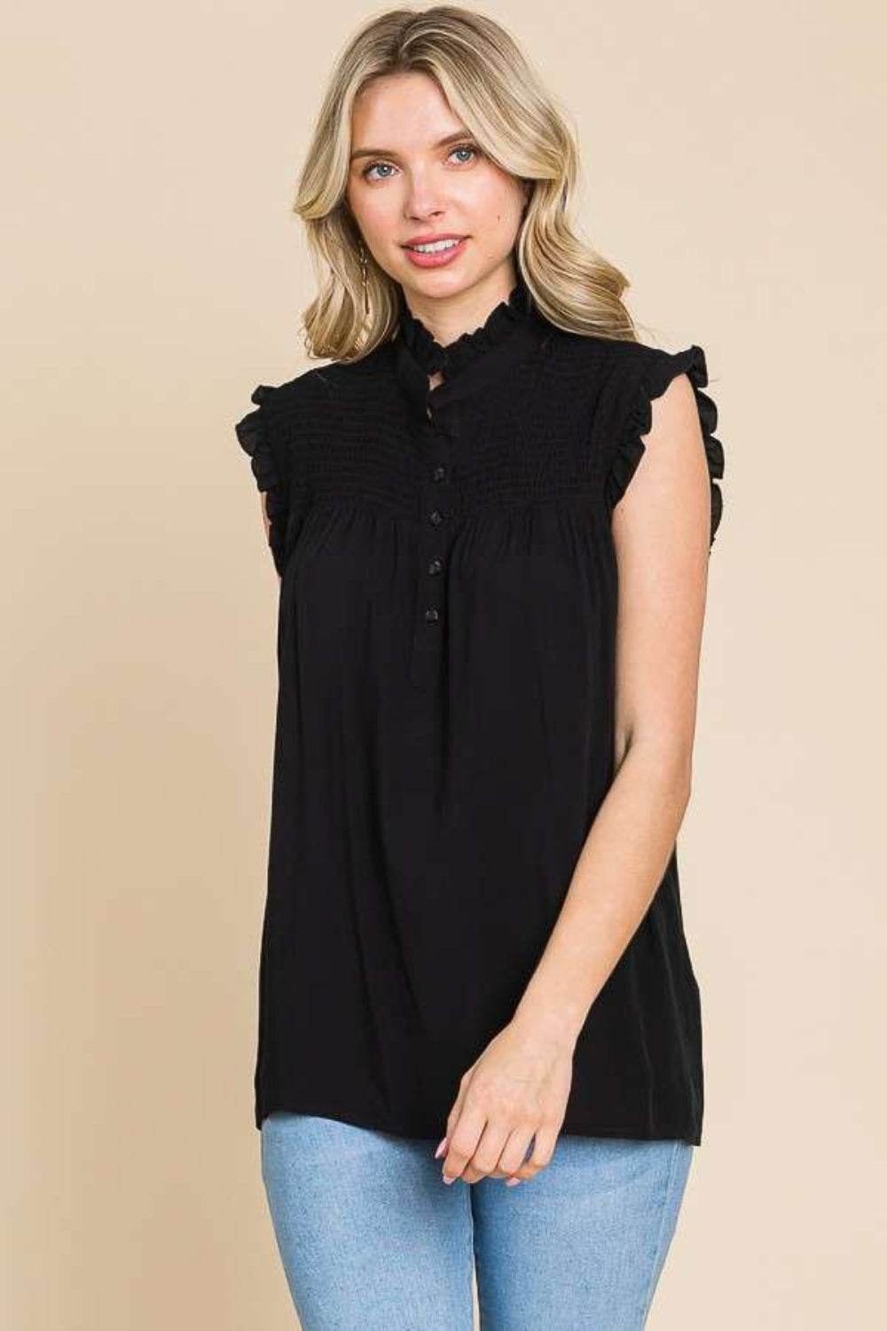 Culture Code Full Size Frill Edge Smocked Sleeveless Top - DaTrendStore.Com