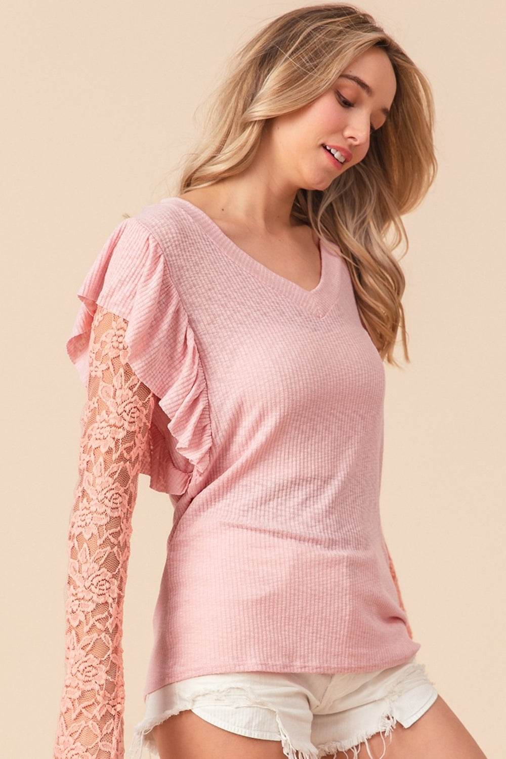 BiBi Ruffled Lace Sleeve Rib Knit Top - DaTrendStore.Com