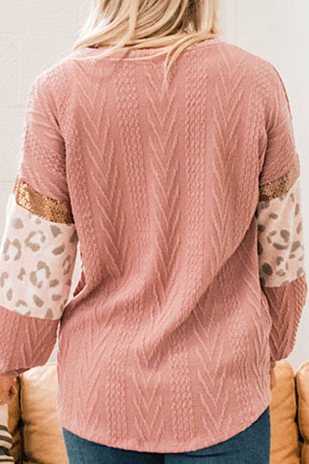 Sequin Leopard Round Neck Long Sleeve Sweater - DaTrendStore.Com
