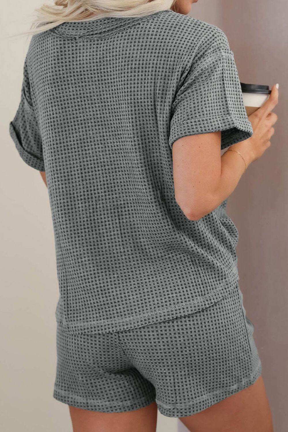 Waffle-Knit Short Sleeve Top and Shorts Lounge Set - DaTrendStore.Com