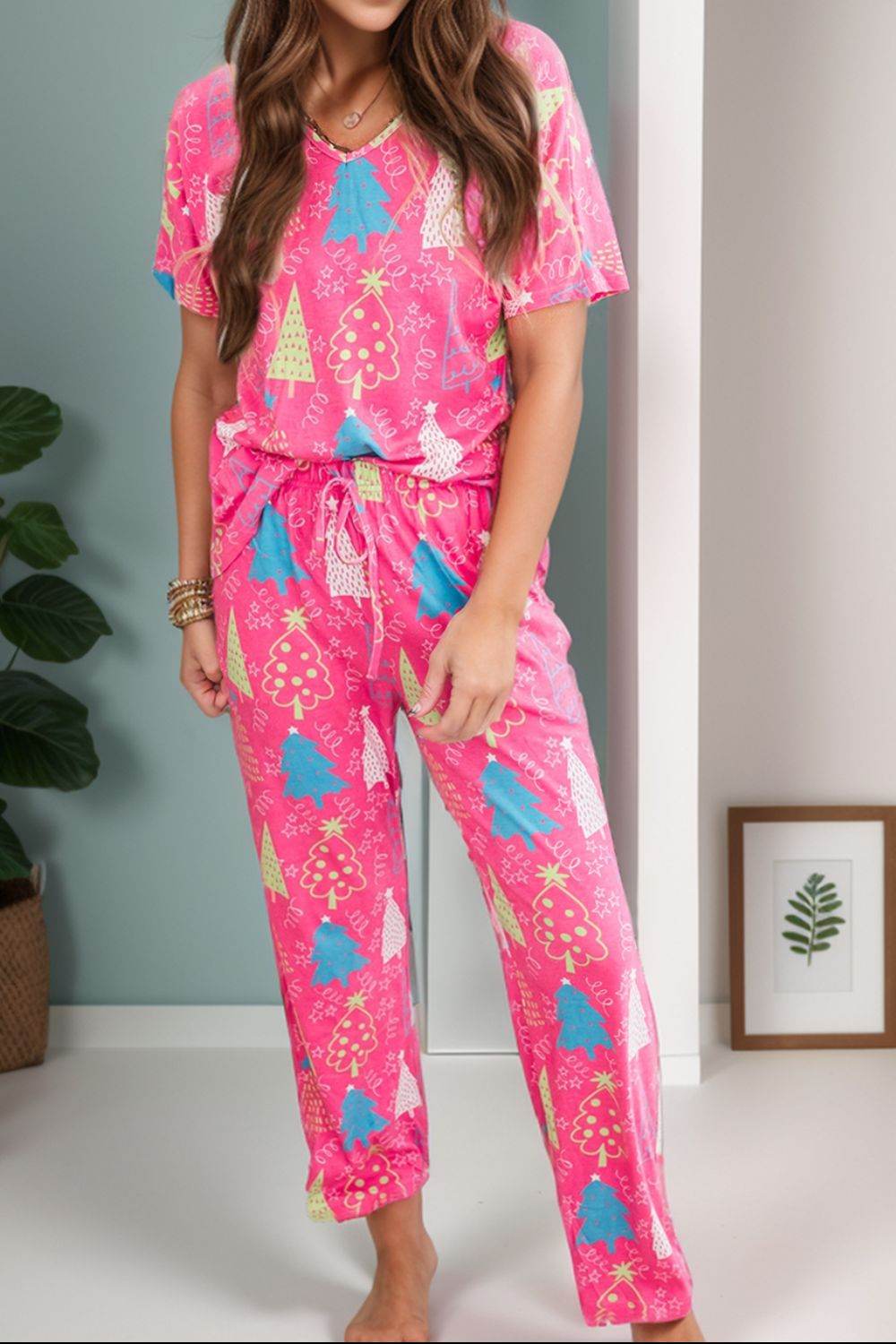 Printed V-Neck Short Sleeve Top and Pants Lounge Set - DaTrendStore.Com