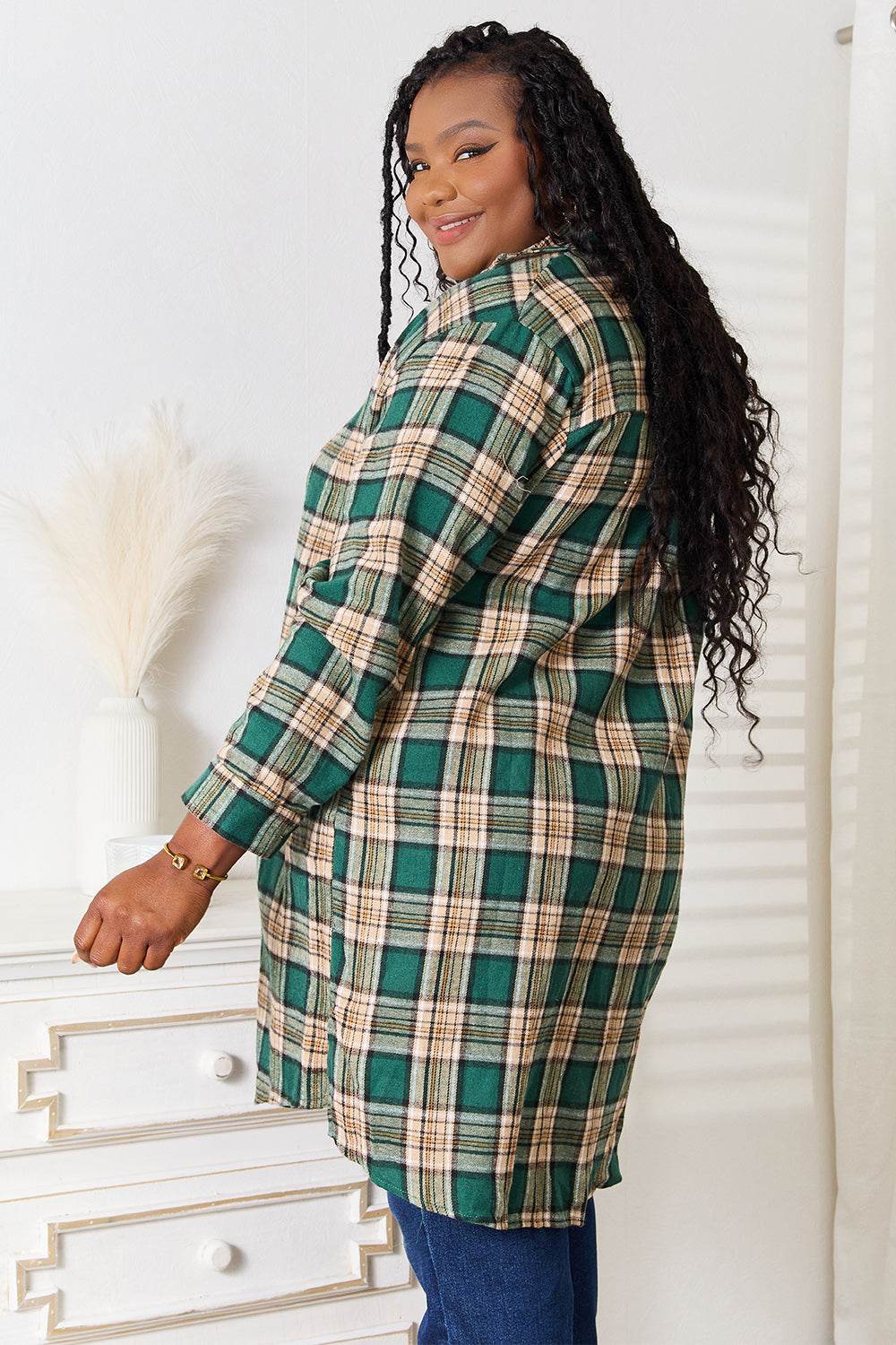 Mandy Plaid Collared Neck Long Sleeve Shirt - DaTrendStore.Com
