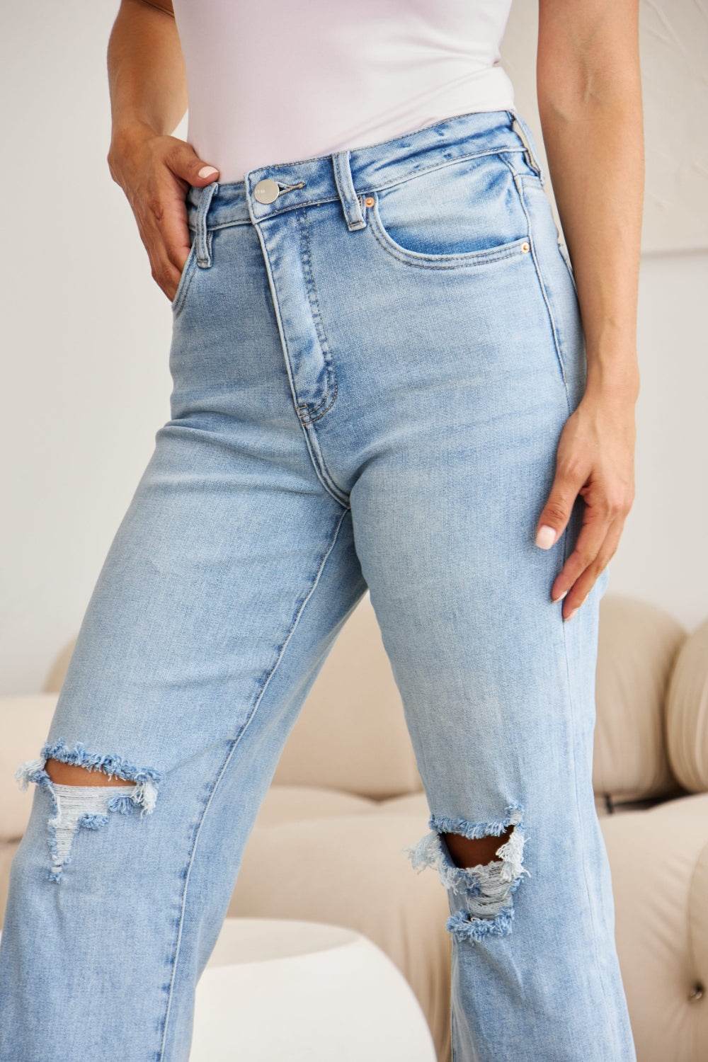 RFM Full Size Tummy Control High Waist Raw Hem Distressed Jeans - DaTrendStore.Com
