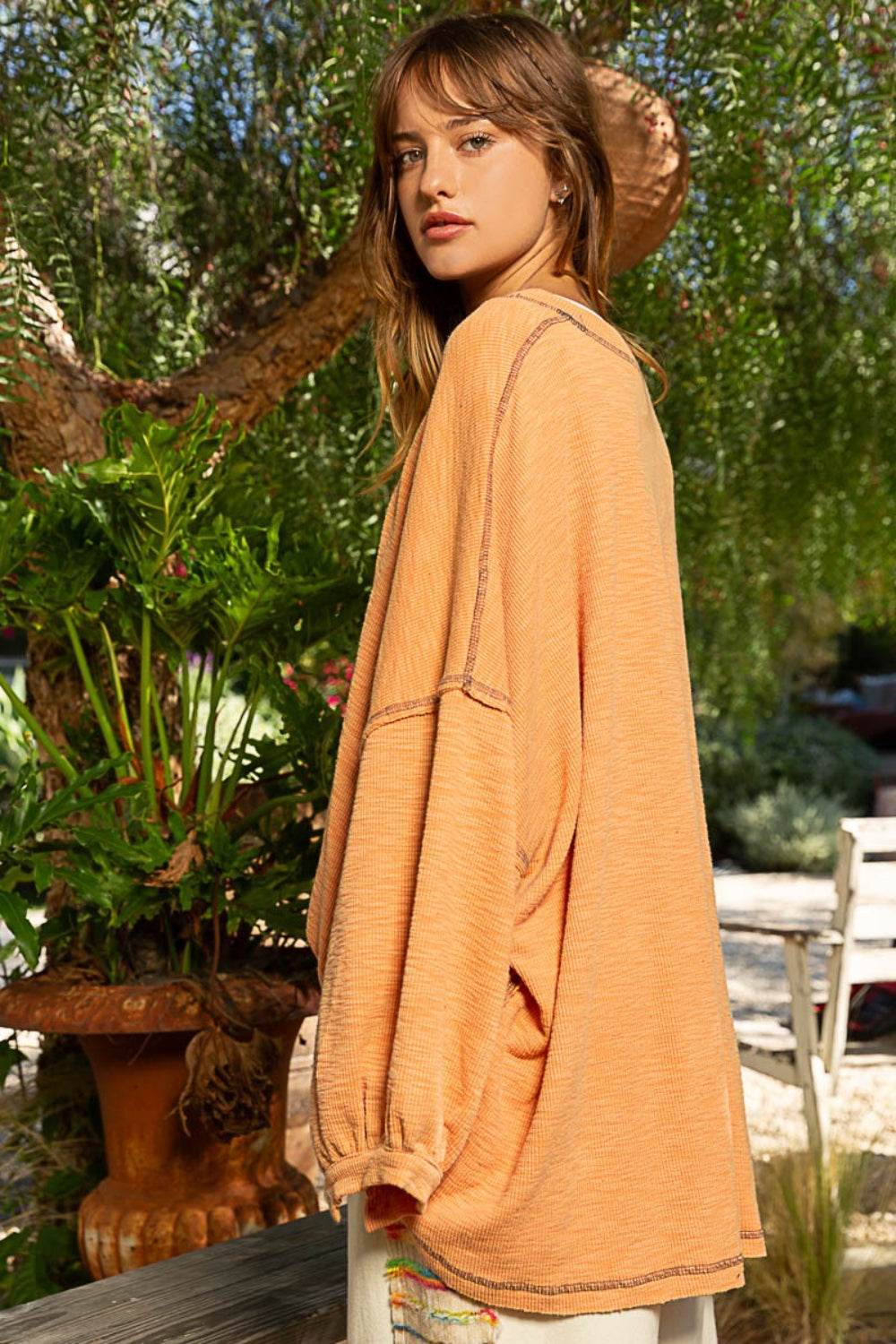 POL Exposed Seam Round Neck Long Sleeve Top - DaTrendStore.Com