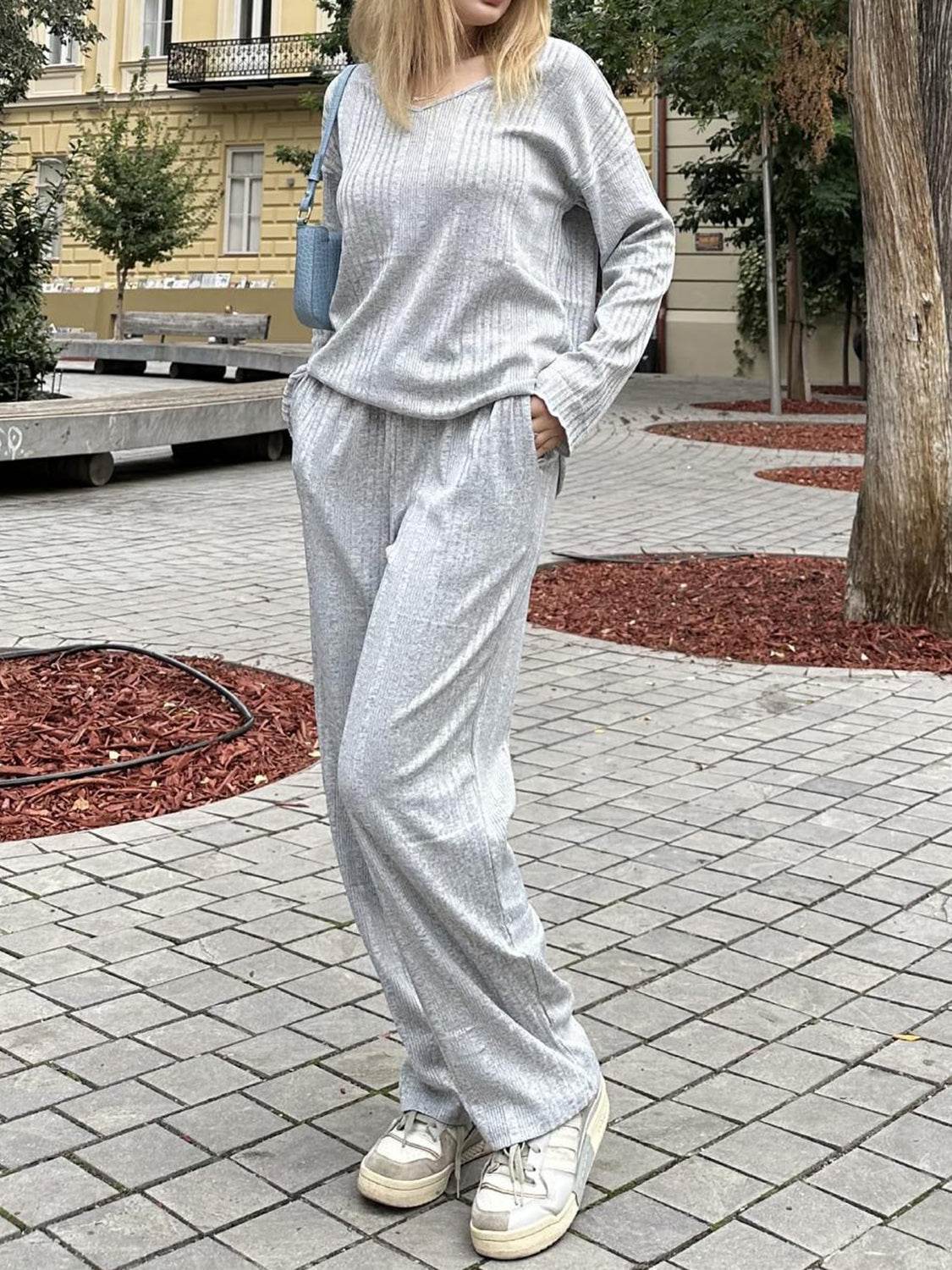 V-Neck Long Sleeve Top and Pants Set - DaTrendStore.Com