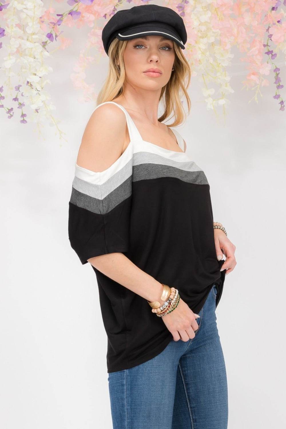 Celeste Full Size Striped Cold Shoulder Top - DaTrendStore.Com