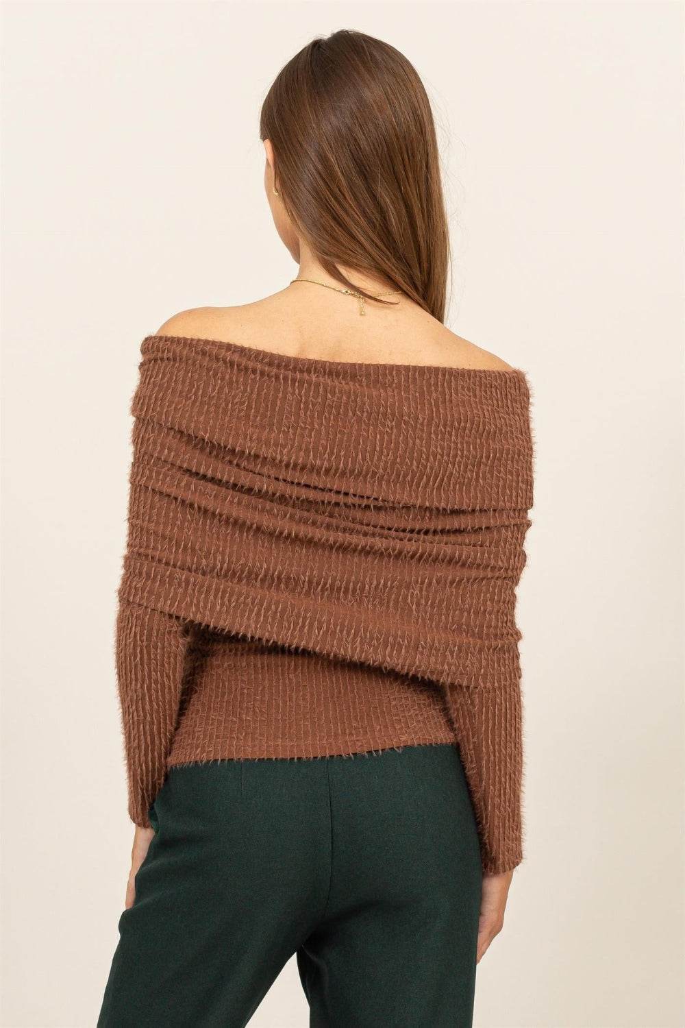 HYFVE Fuzzy Off Shoulder Textured Knit Top - DaTrendStore.Com