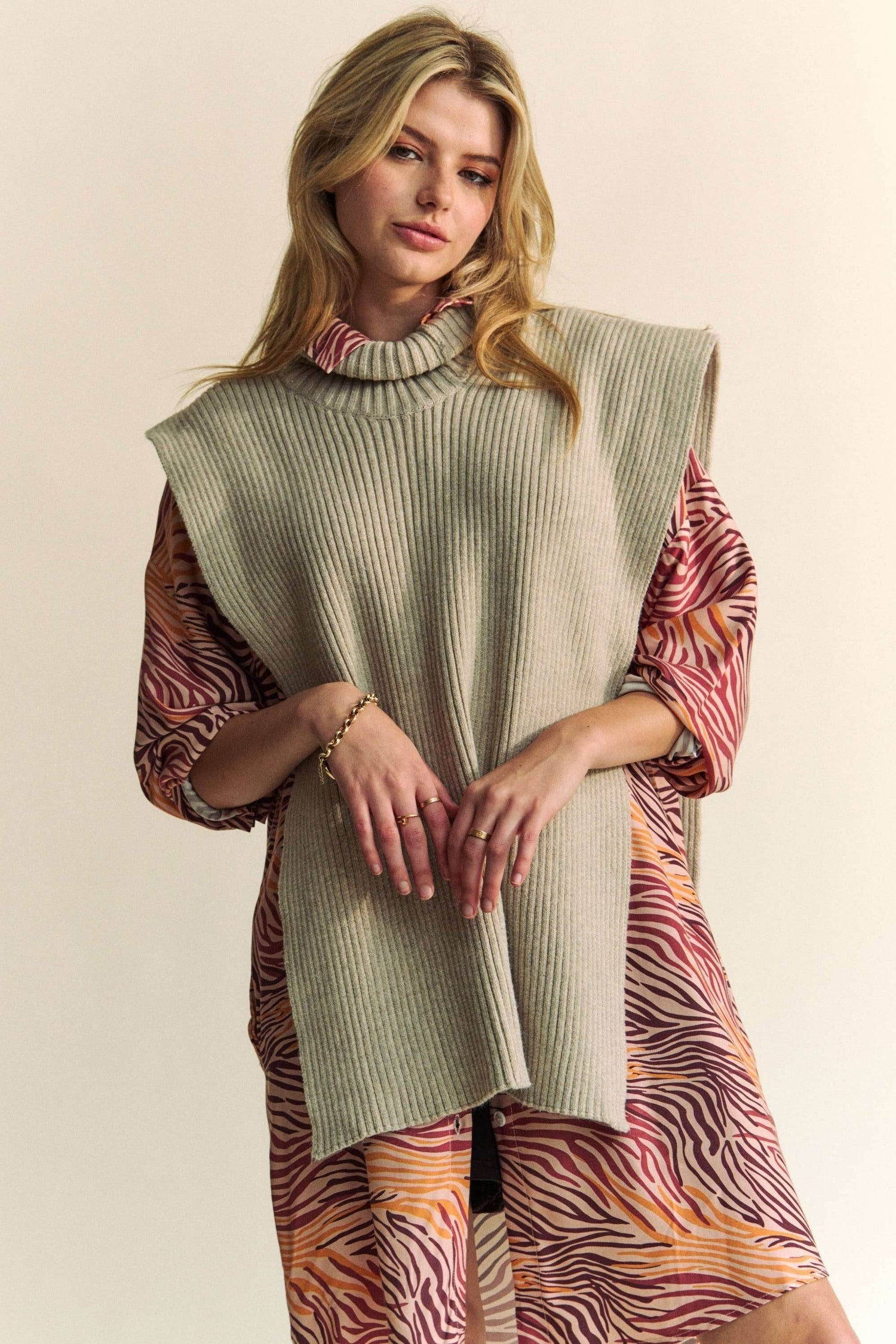 Davi & Dani Side Split Turtleneck Sleeveless Knit Top - DaTrendStore.Com