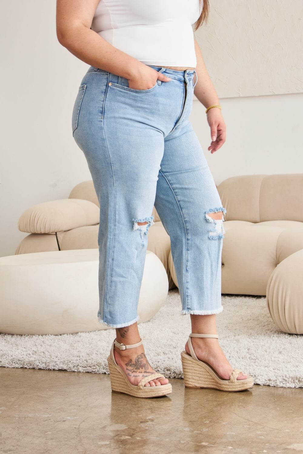 RFM Full Size Tummy Control High Waist Raw Hem Distressed Jeans - DaTrendStore.Com
