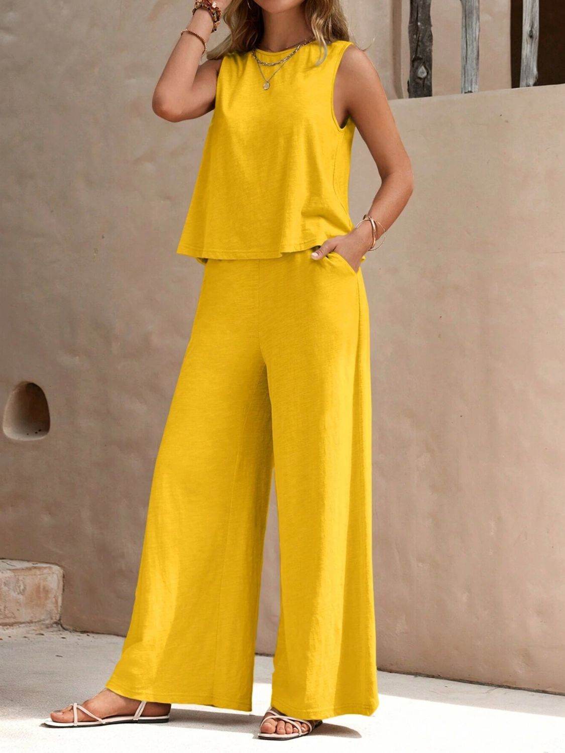 Round Neck Sleeveless Top and Wide Leg Pants Set - DaTrendStore.Com