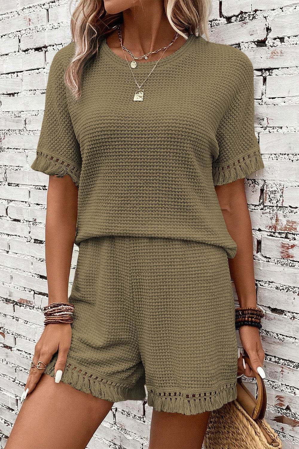 Tassel Round Neck Top and Shorts Set - DaTrendStore.Com