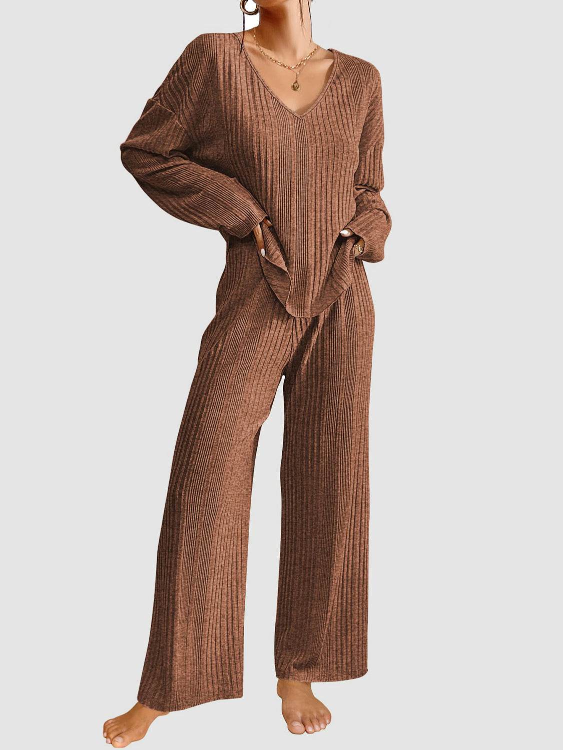 V-Neck Long Sleeve Top and Pants Set - DaTrendStore.Com