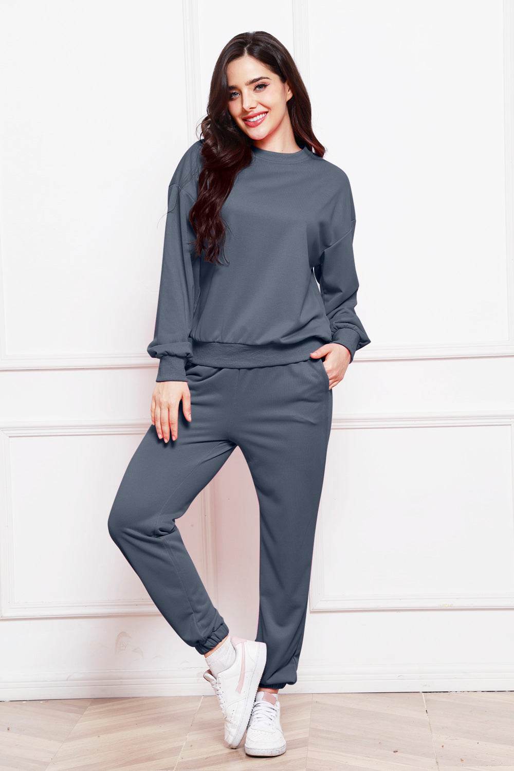 Round Neck Long Sleeve Sweatshirt and Pants Set - DaTrendStore.Com
