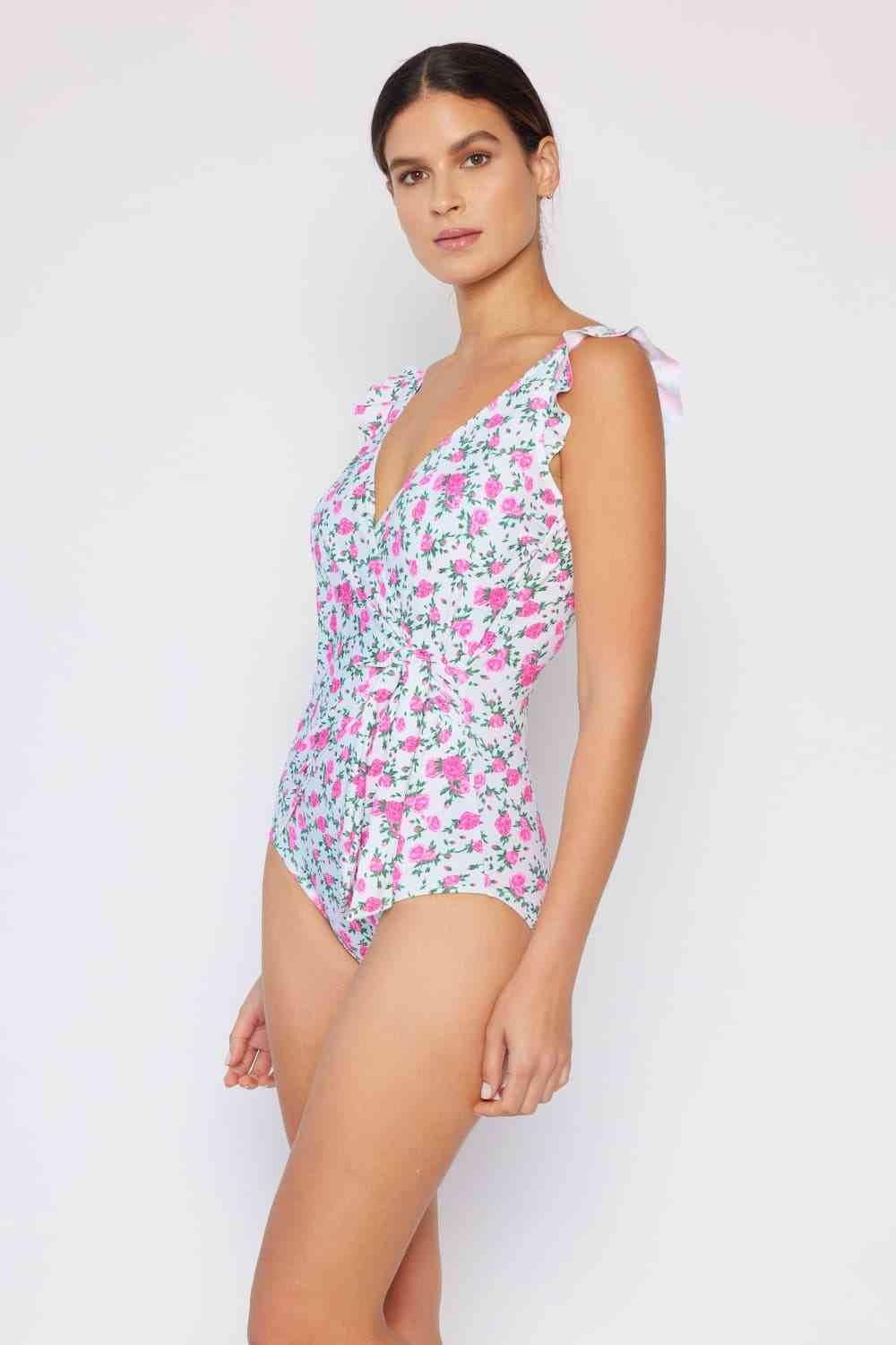 Marina West Swim Full Size Float On Ruffle Faux Wrap One-Piece in Roses Off-White - DaTrendStore.Com