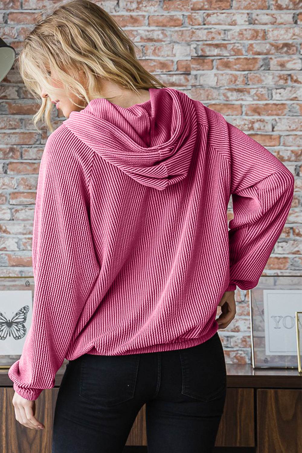 Heimish Ribbed Long Sleeve Hoodie with Kangaroo Pocket - DaTrendStore.Com