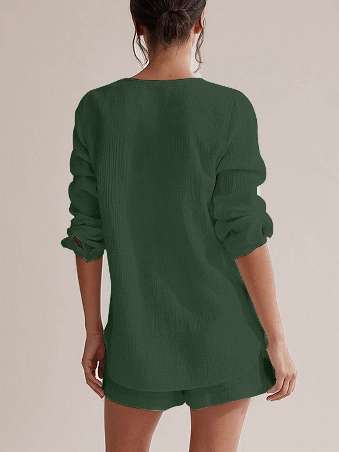Notched Long Sleeve Top and Shorts Set - DaTrendStore.Com