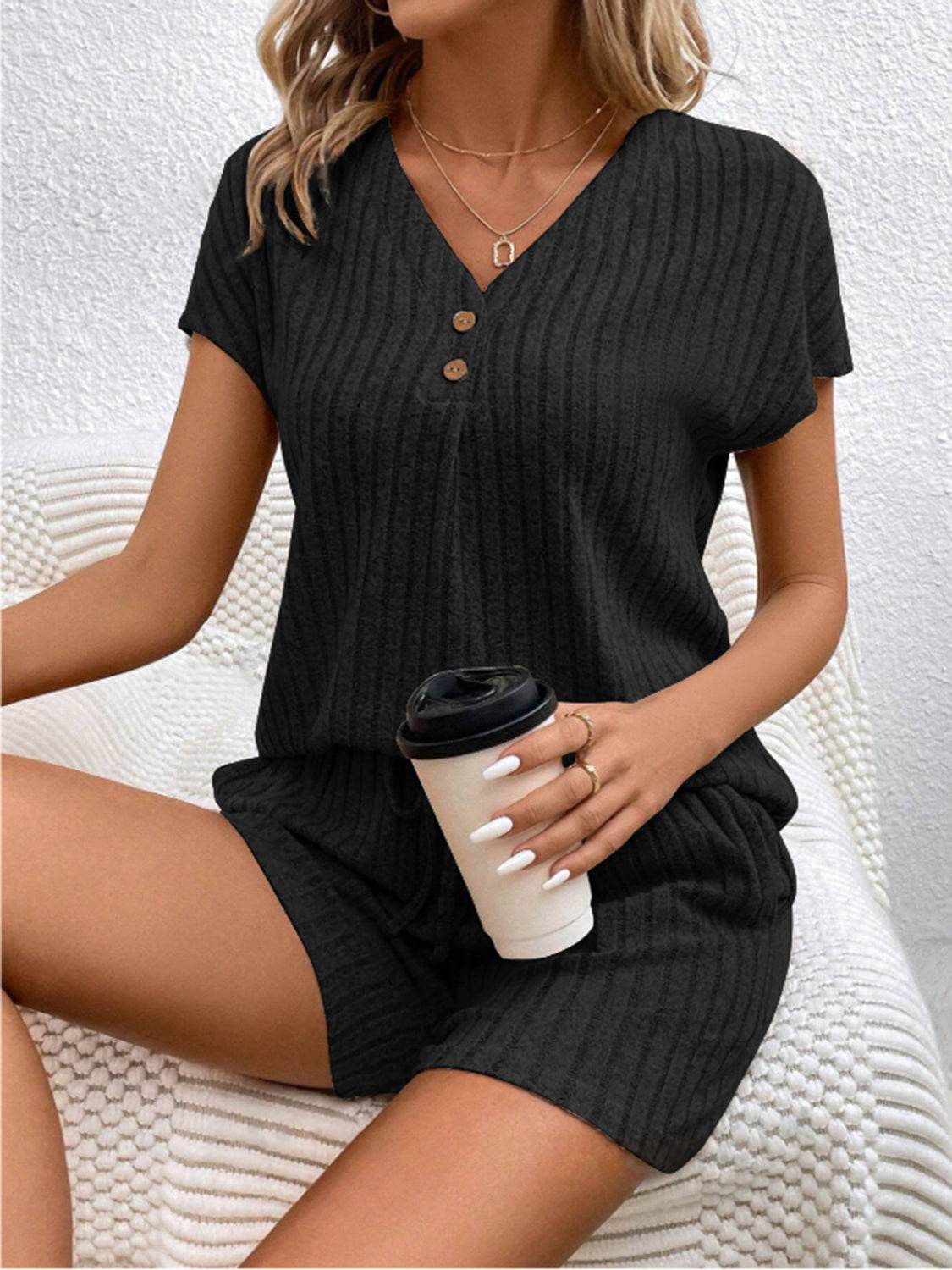 Ribbed V-Neck Top and Shorts Set - DaTrendStore.Com