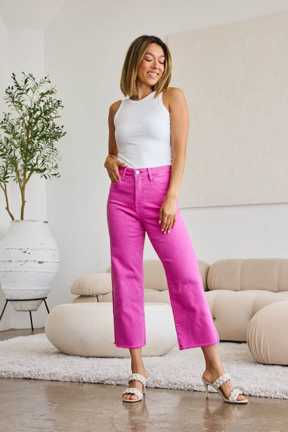RFM Crop Chloe Full Size Tummy Control High Waist Raw Hem Jeans - DaTrendStore.Com