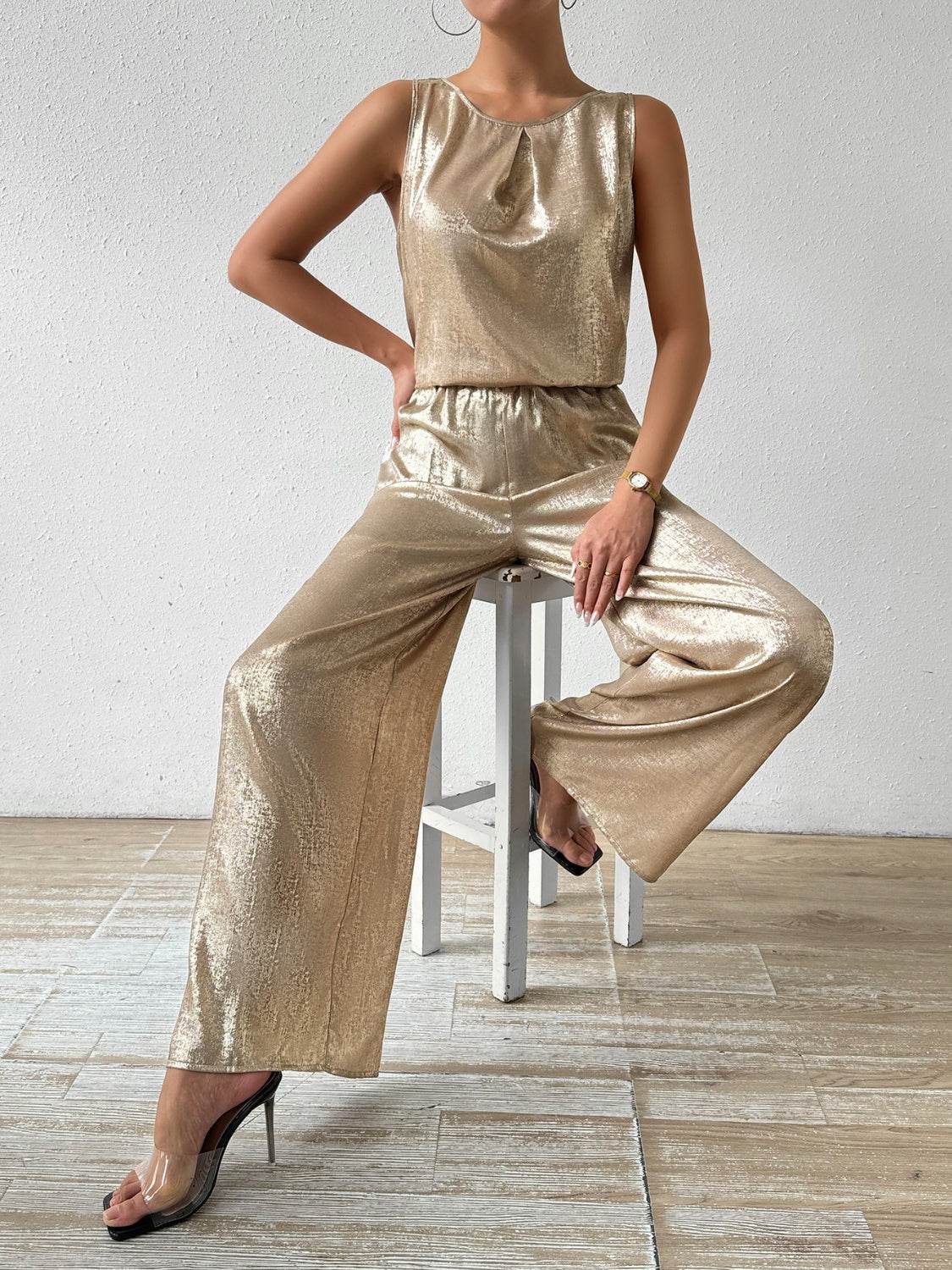 Honey Round Neck Sleeveless Top and Pants Set - DaTrendStore.Com
