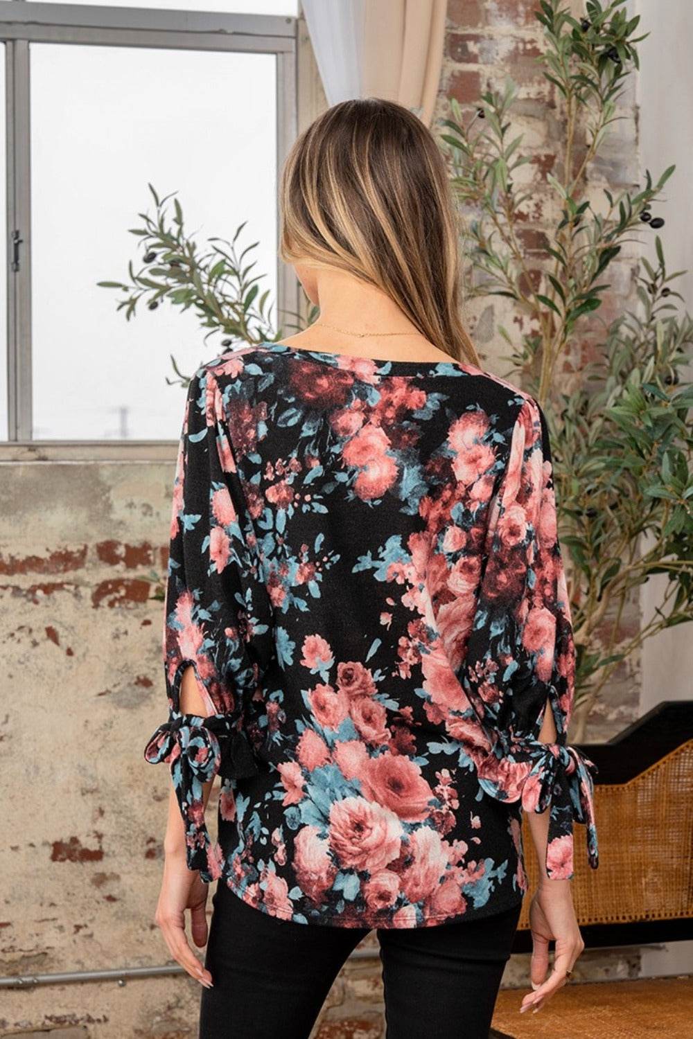 Sew In Love Full Size Floral V-Neck Top with Sleeve Knot - DaTrendStore.Com