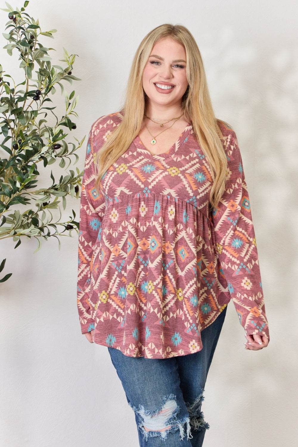Heimish Full Size Geometric V-Neck Babydoll Top - DaTrendStore.Com