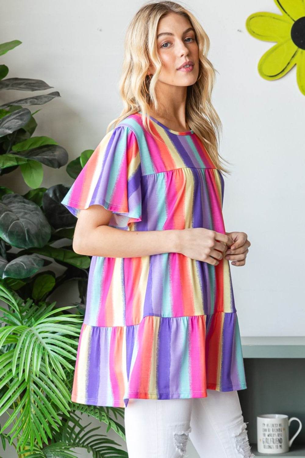Heimish Full Size Short Sleeve Striped Tiered Top - DaTrendStore.Com