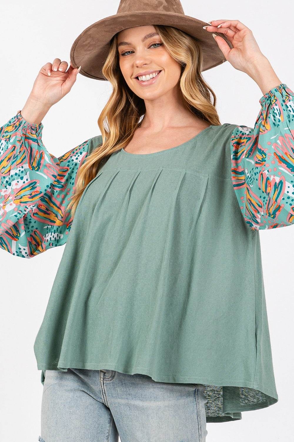 SAGE + FIG Ruched Round Neck Printed Bubble Sleeve Top - DaTrendStore.Com