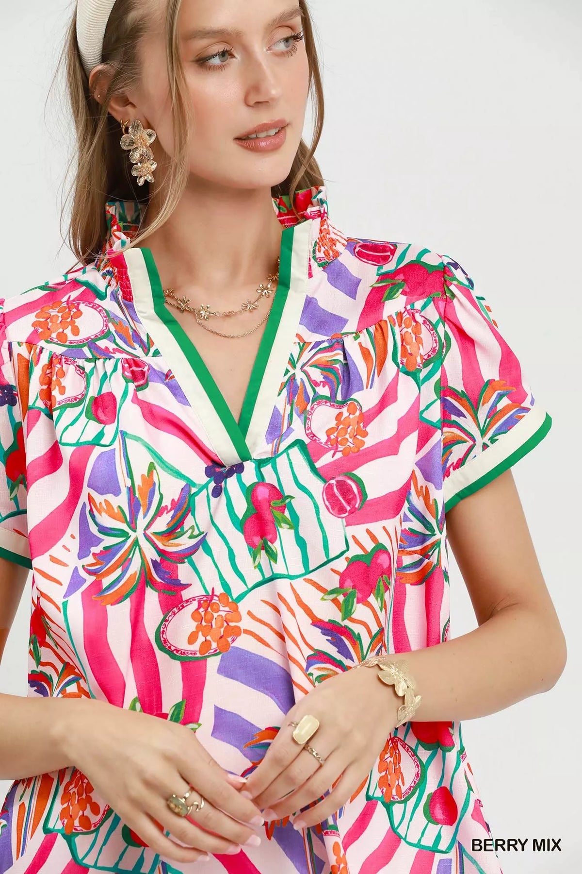 Umgee Tropical Print Collared Shift Dress - Berry Mix