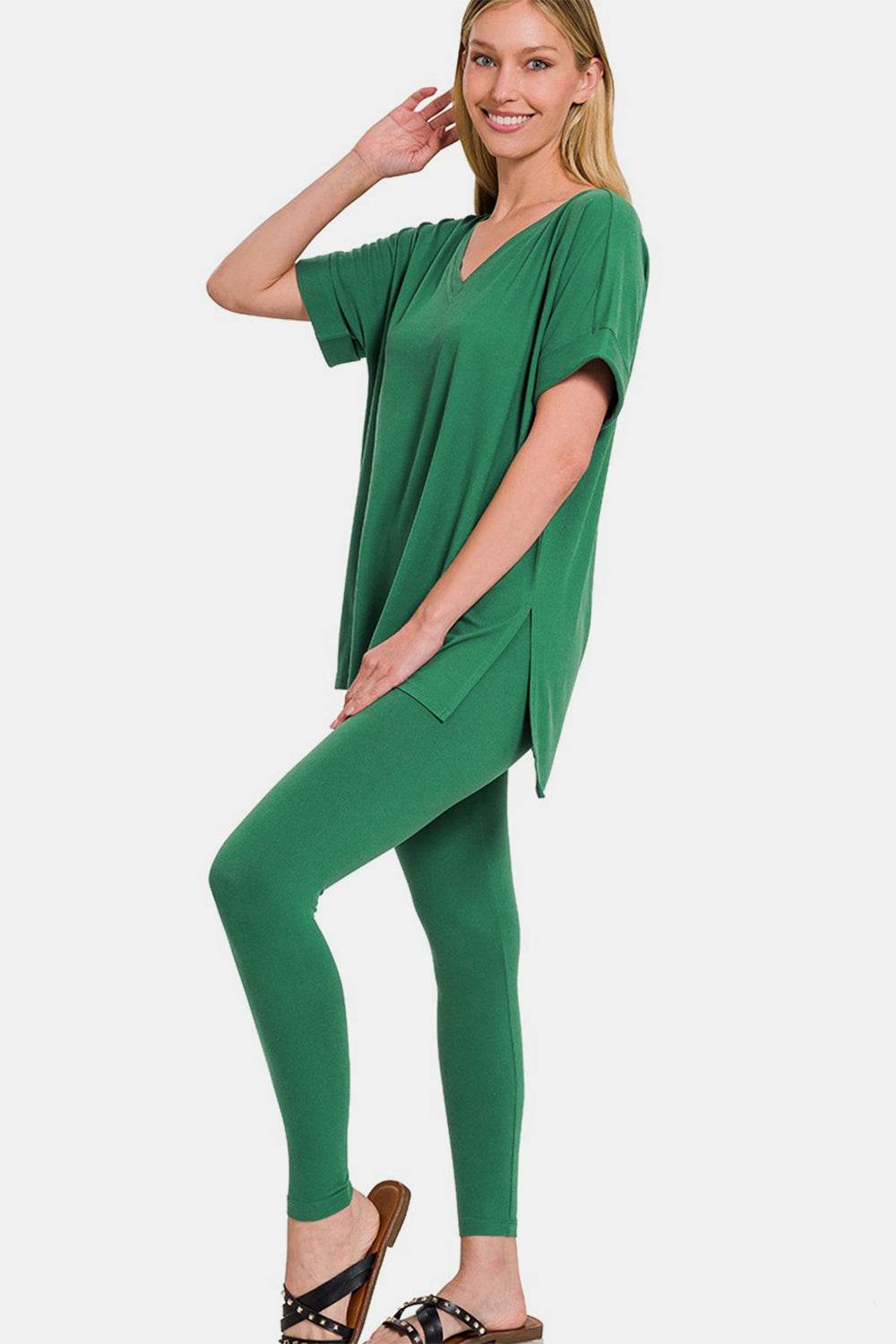 Zenana Full Size V-Neck Rolled Short Sleeve T-Shirt and Leggings Lounge Set - DaTrendStore.Com
