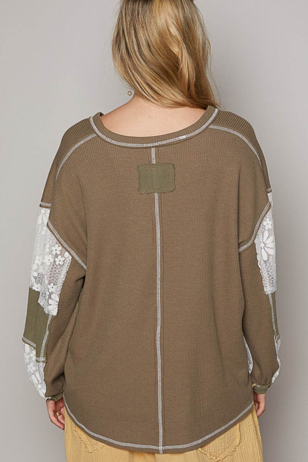 POL V-Neck Lace Balloon Sleeve Exposed Seam Top - DaTrendStore.Com
