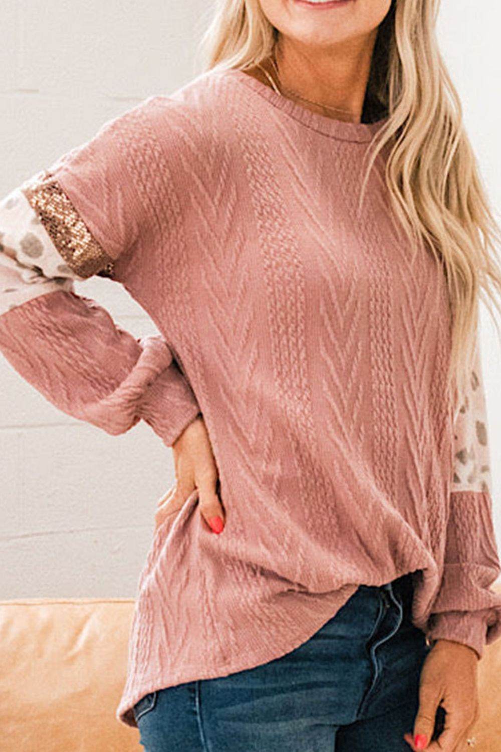Sequin Leopard Round Neck Long Sleeve Sweater - DaTrendStore.Com