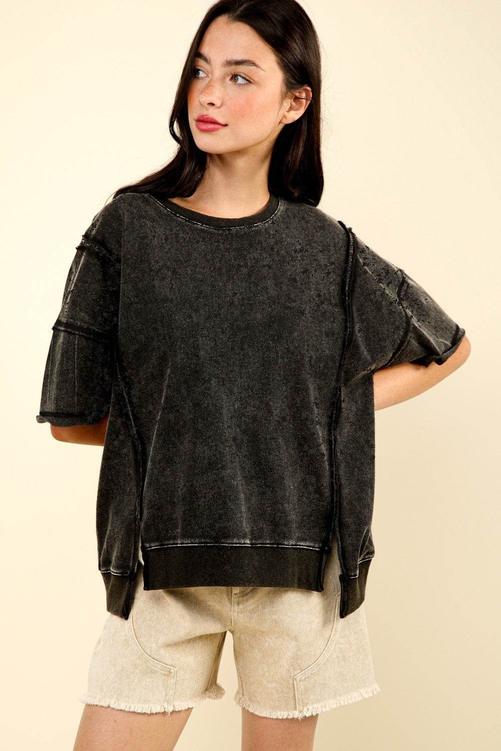 VERY J Round Neck Exposed Seam Slit T-Shirt - DaTrendStore.Com
