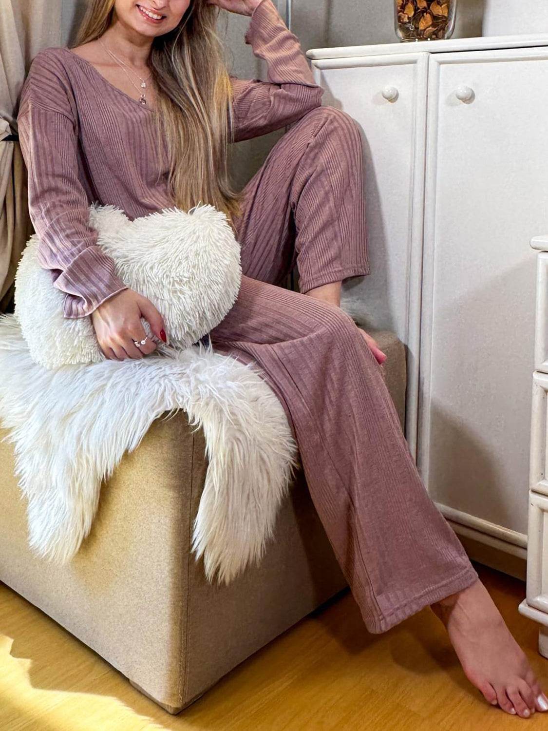 V-Neck Long Sleeve Top and Pants Set - DaTrendStore.Com