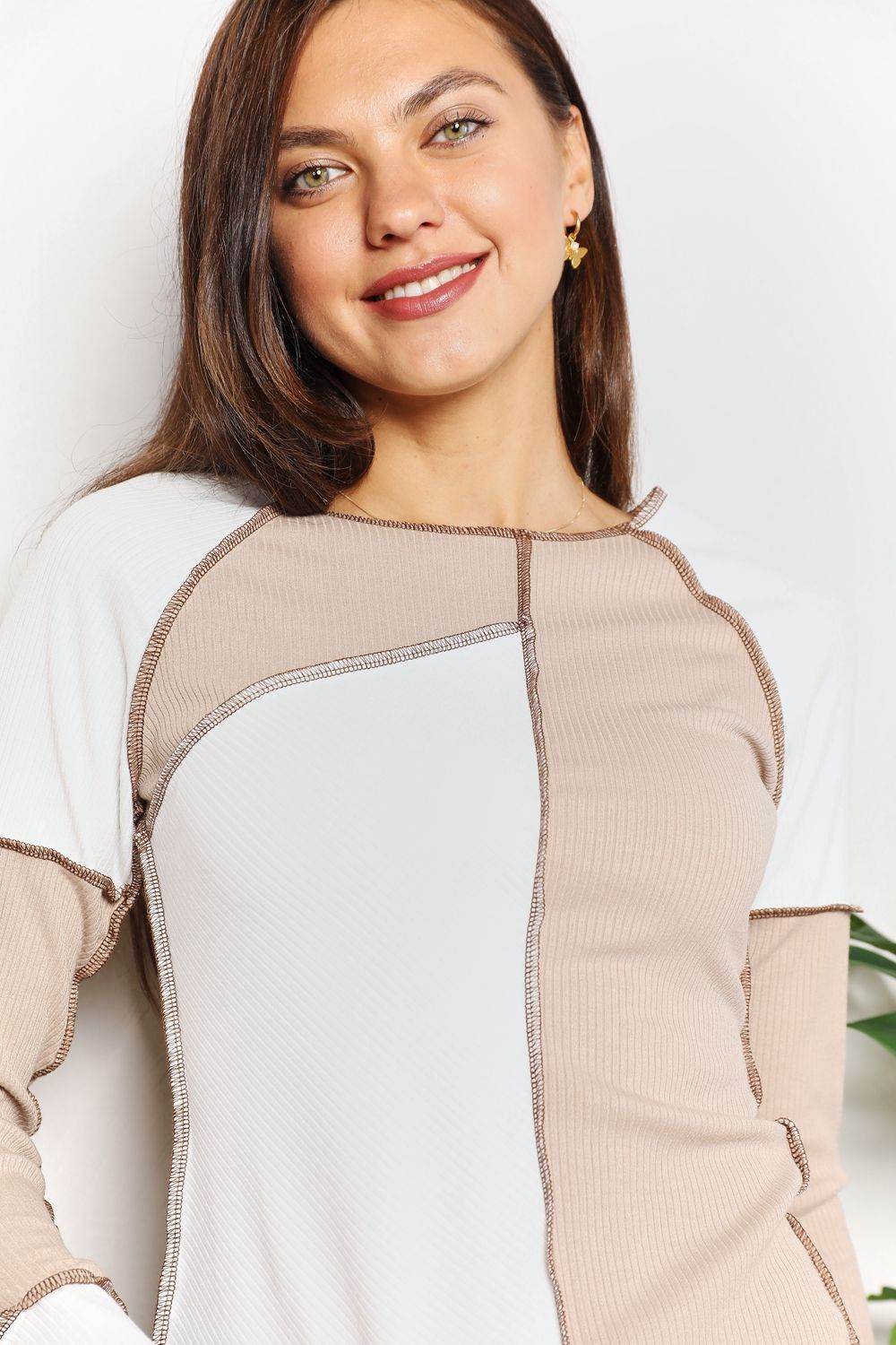 Double Take Color Block Exposed Seam Top - DaTrendStore.Com
