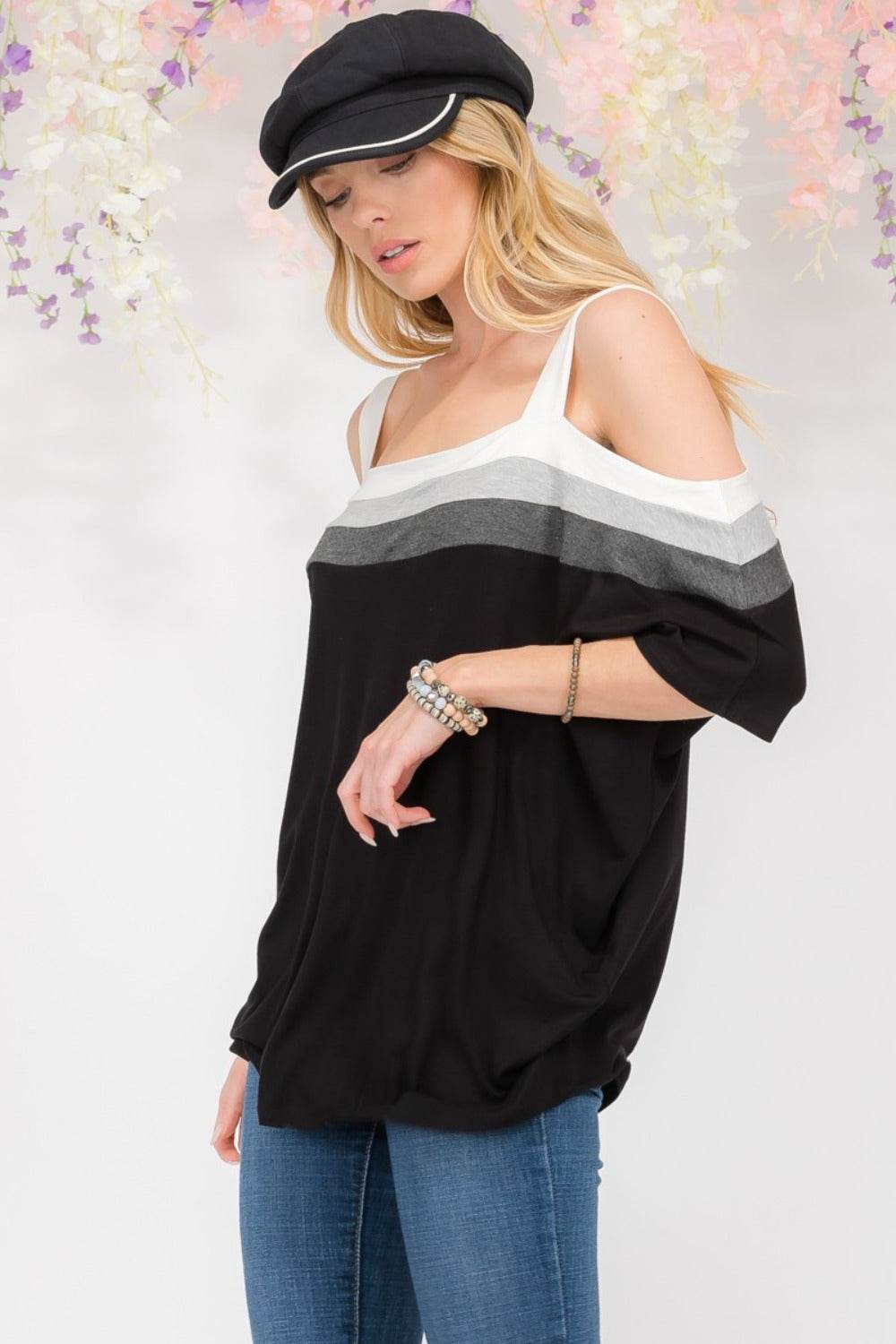 Celeste Full Size Striped Cold Shoulder Top - DaTrendStore.Com