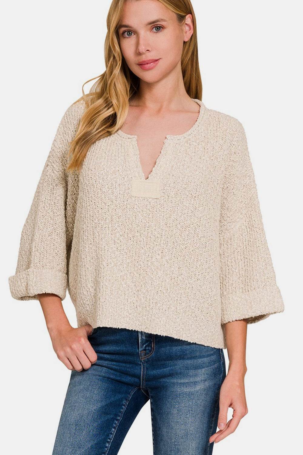 Zenana Notched Side Slit Patch Sweater - DaTrendStore.Com