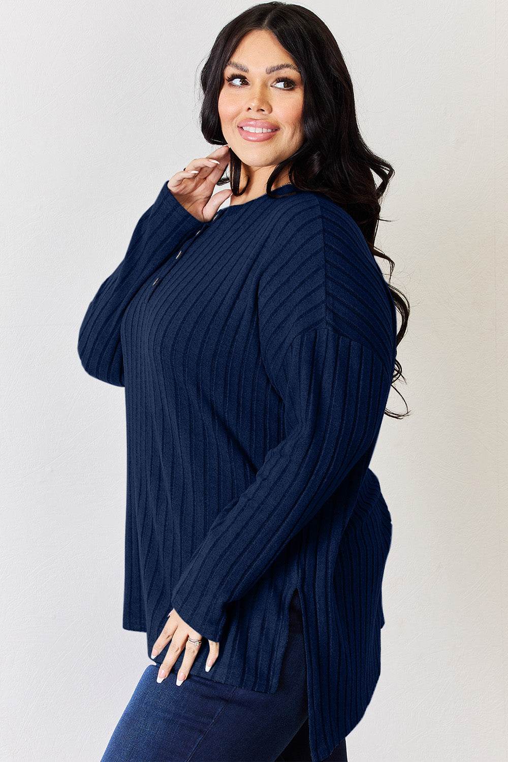 Basic Bae Full Size Ribbed Half Button Long Sleeve High-Low T-Shirt - DaTrendStore.Com
