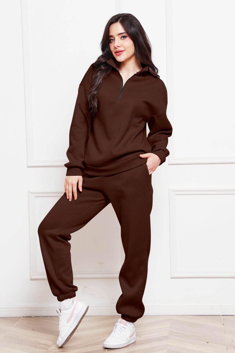 Half Zip Long Sleeve Sweatshirt and Pants Set - DaTrendStore.Com