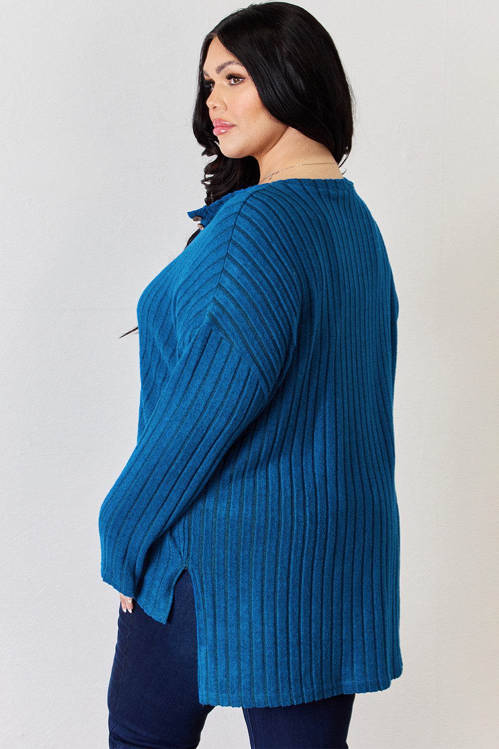 Basic Bae Full Size Ribbed Half Button Long Sleeve High-Low T-Shirt - DaTrendStore.Com