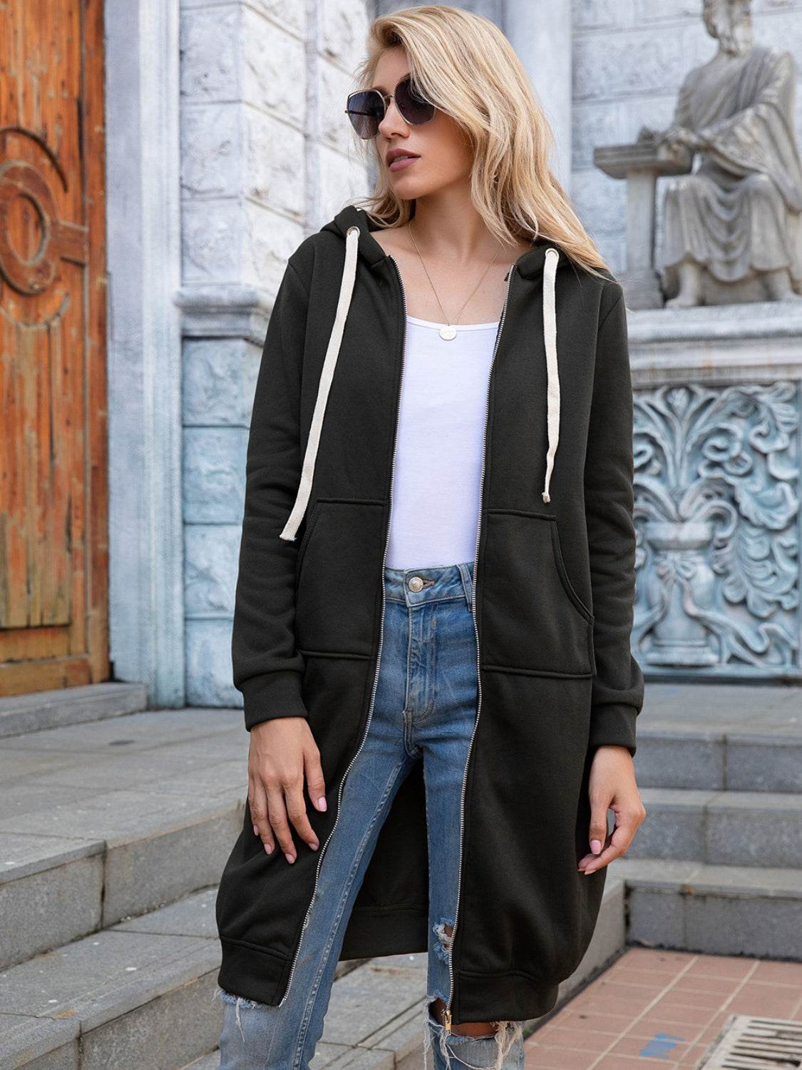Ivy Lane Full Size Zip-Up Longline Hoodie with Pockets - DaTrendStore.Com