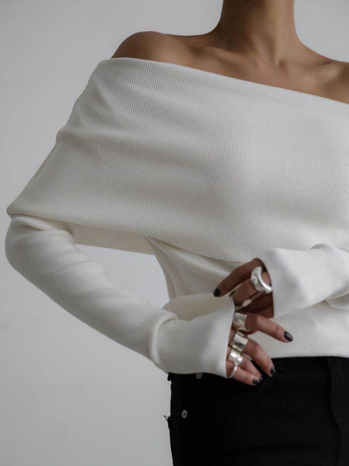 Off-Shoulder Long Sleeve Knit Top - DaTrendStore.Com