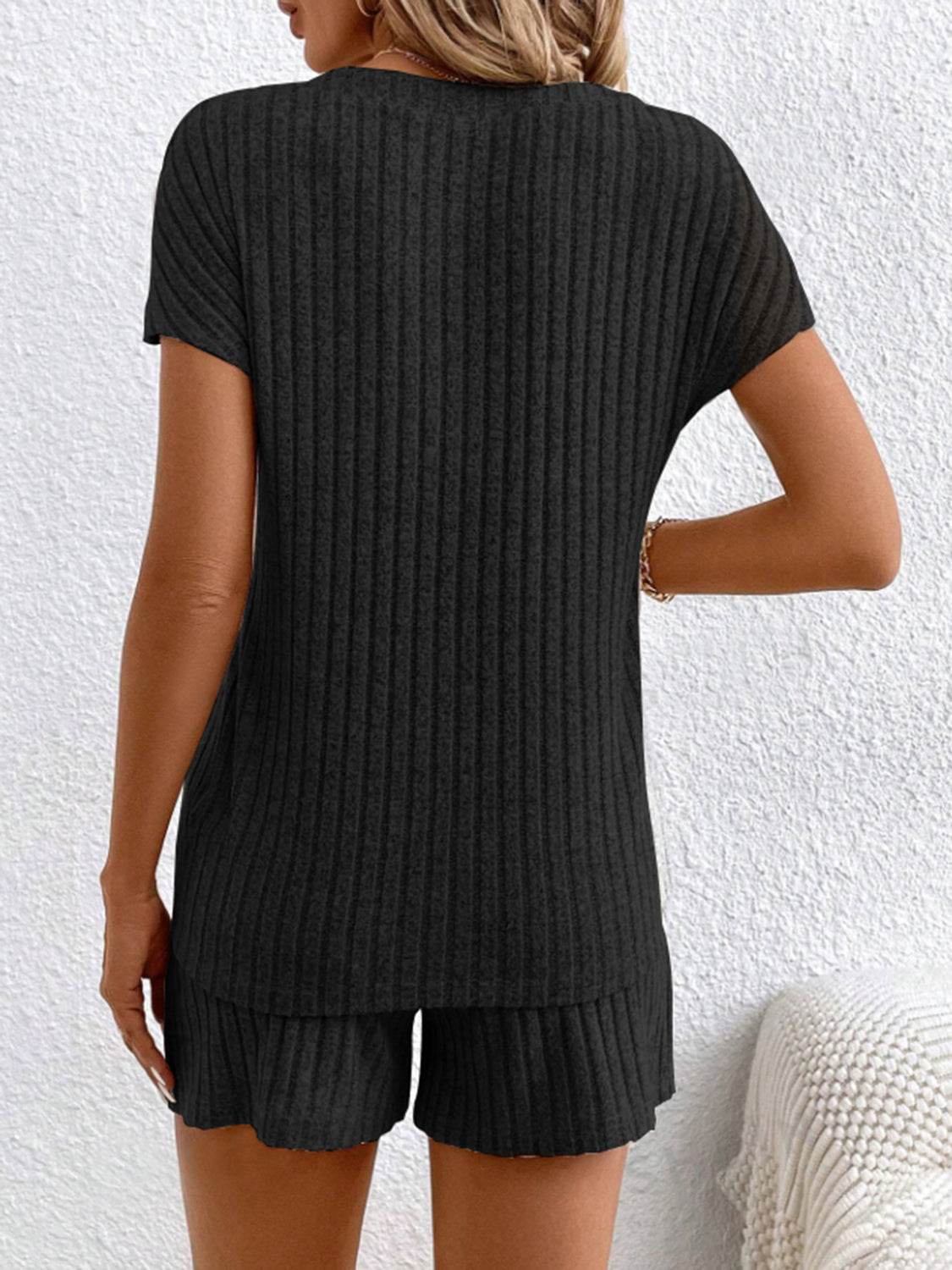 Ribbed V-Neck Top and Shorts Set - DaTrendStore.Com