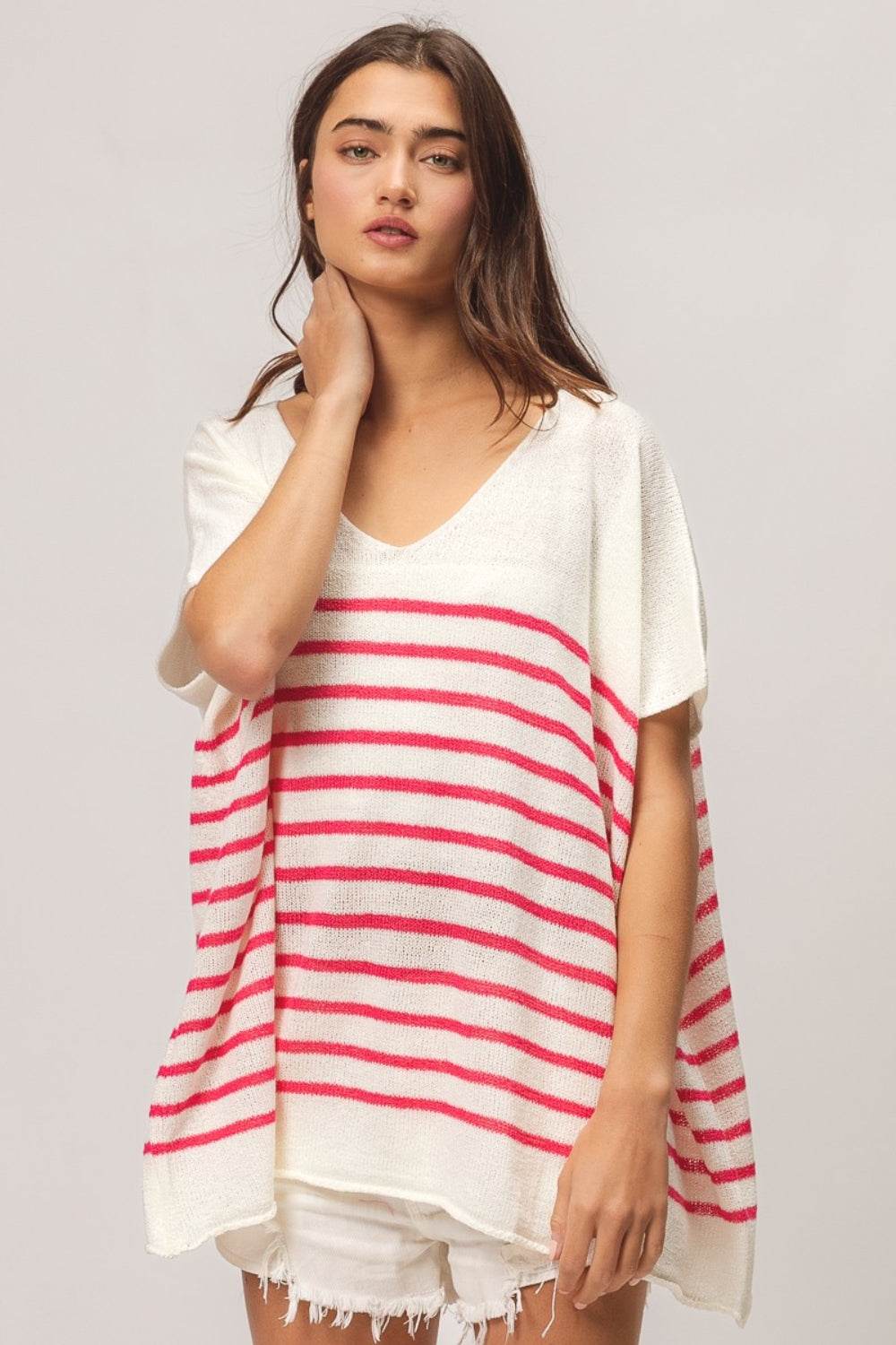 BiBi V Neck Striped Short Sleeve Top - DaTrendStore.Com