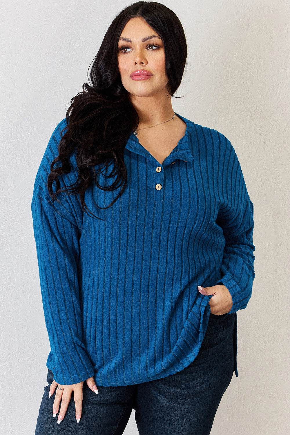 Basic Bae Full Size Ribbed Half Button Long Sleeve High-Low T-Shirt - DaTrendStore.Com