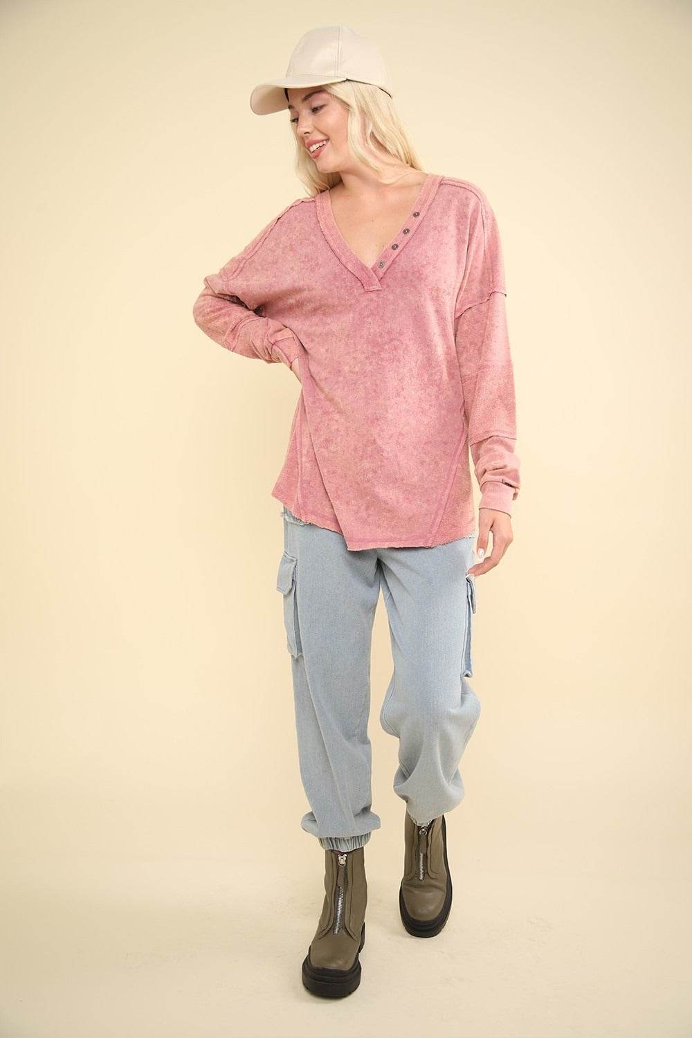 VERY J Washed V-Neck Exposed Seam Knit Top - DaTrendStore.Com
