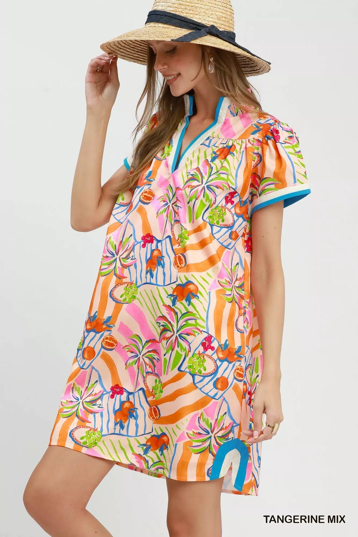 Umgee Tropical Print Collared Shift Dress - Tangerine Mix