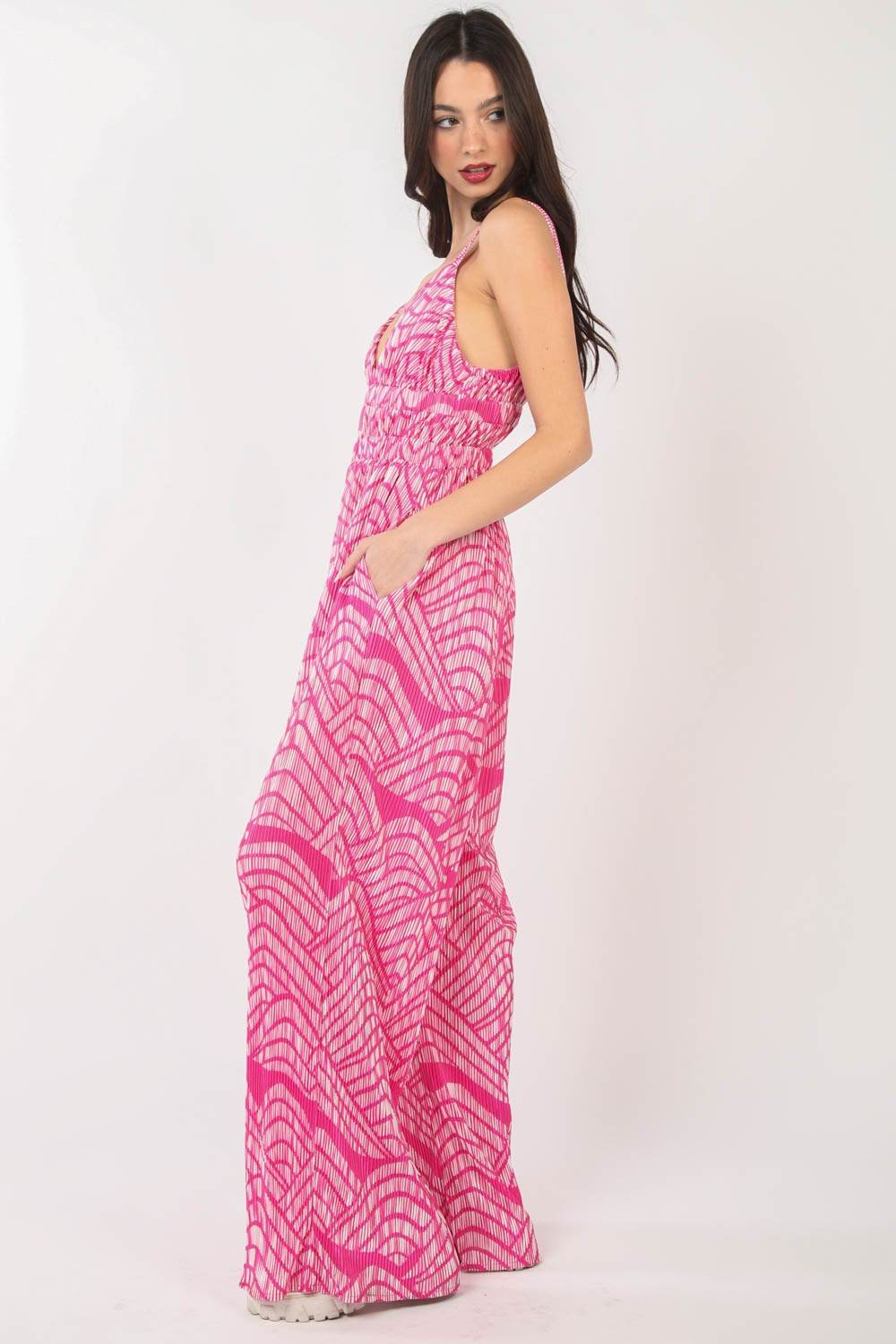 VERY J Printed Pleated Sleeveless Wide Leg Jumpsuit - DaTrendStore.Com