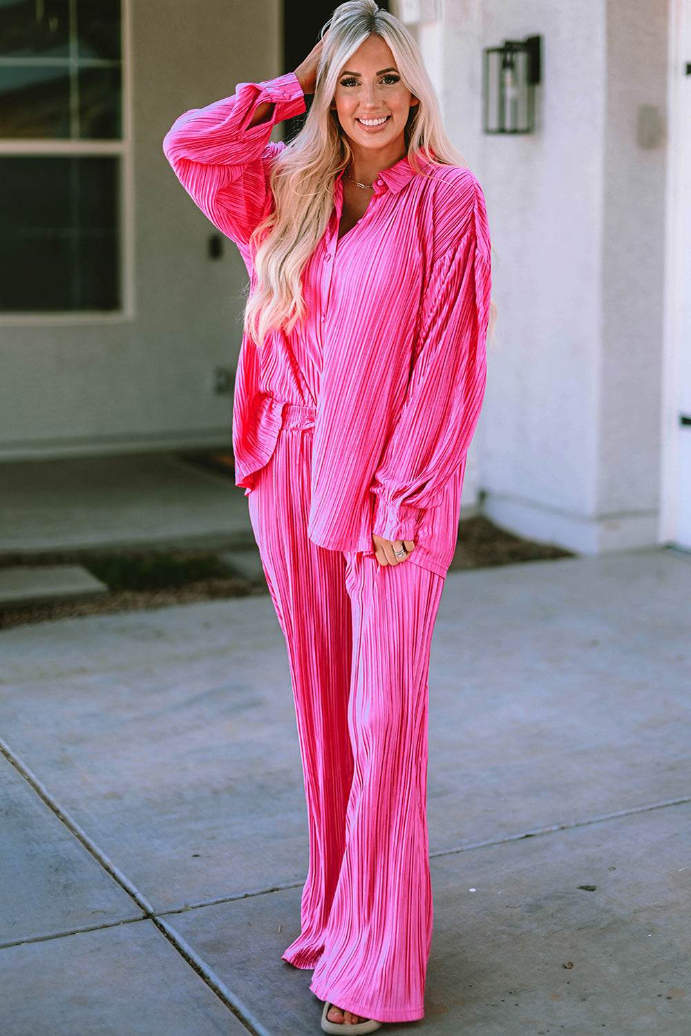 Pleated Button Up Shirt and Wide-Leg Pants Set - DaTrendStore.Com